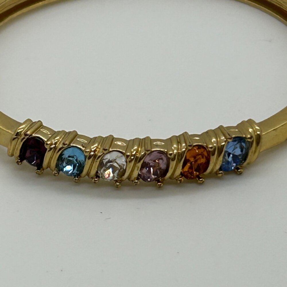 Vintage Gold Tone Bangle Bracelet Rainbow Birthstone Multi-Color Crystals Hinged - Picture 3 of 16